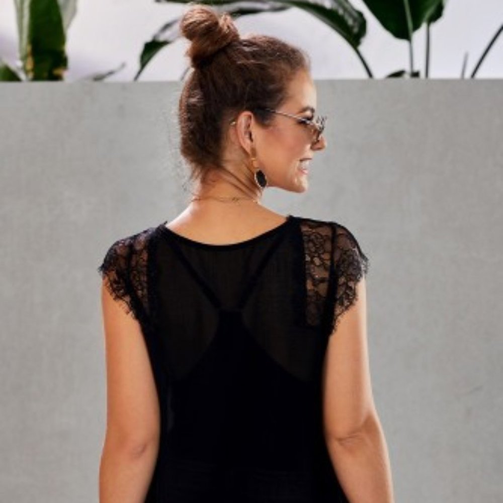 Lace Tank Top with Racerback Cami, Black - Picture 4 of 4